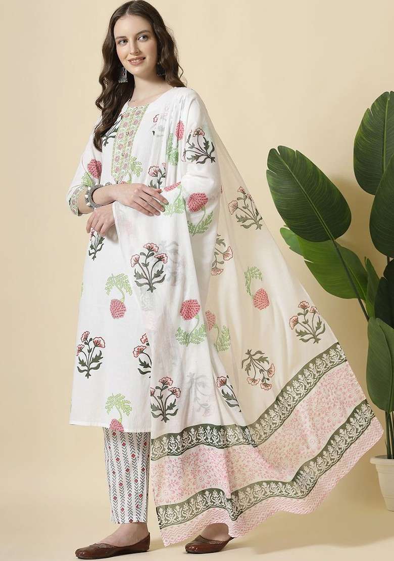 White Embroidered Cotton Straight Kurta Set - Indya