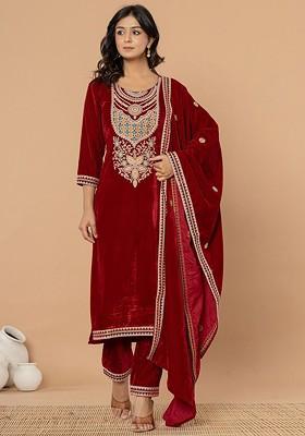Maroon Embroidered Poly Blend Kurta Set