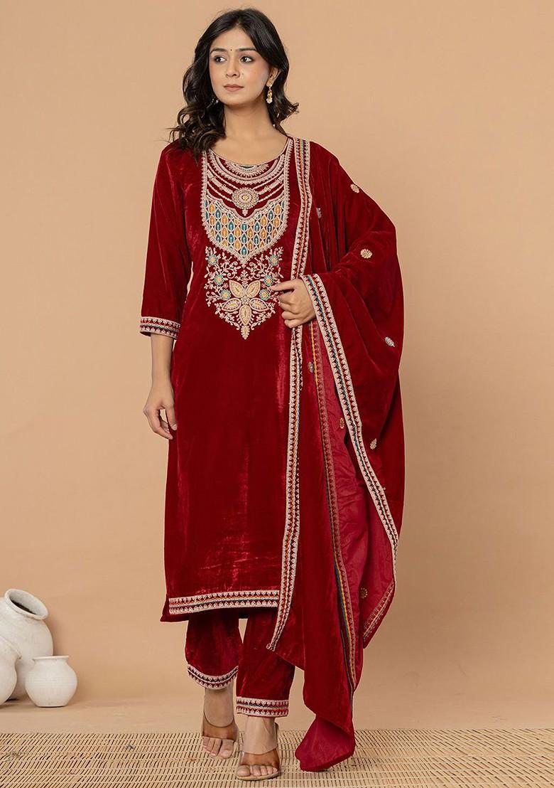 Maroon Embroidered Poly Blend Kurta Set