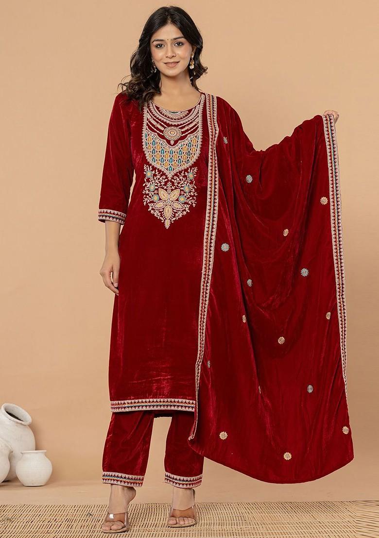 Maroon Embroidered Poly Blend Kurta Set