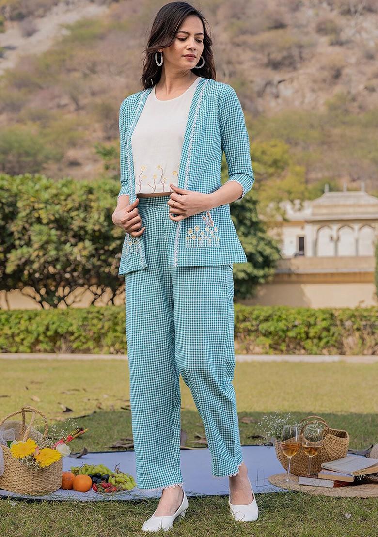 Sea Green Checked Cotton Fusion Set