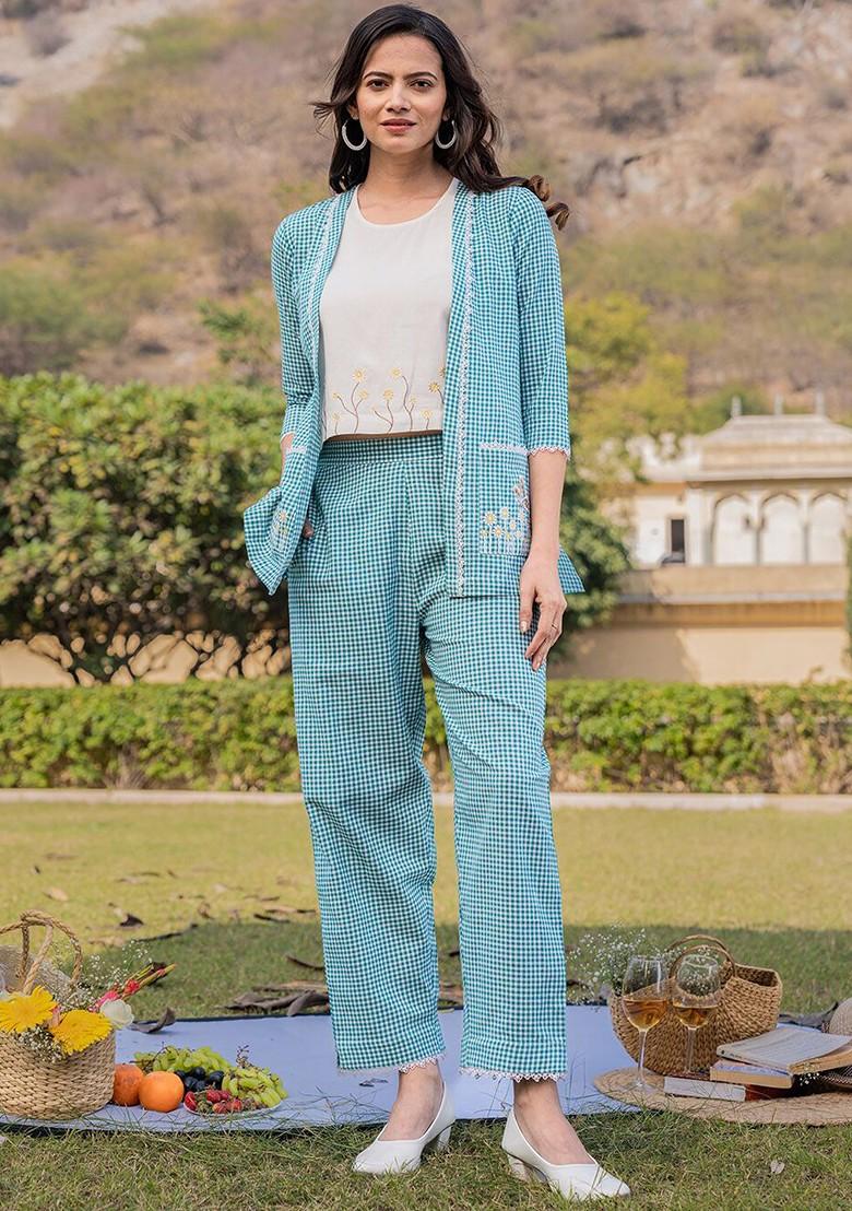 Sea Green Checked Cotton Fusion Set