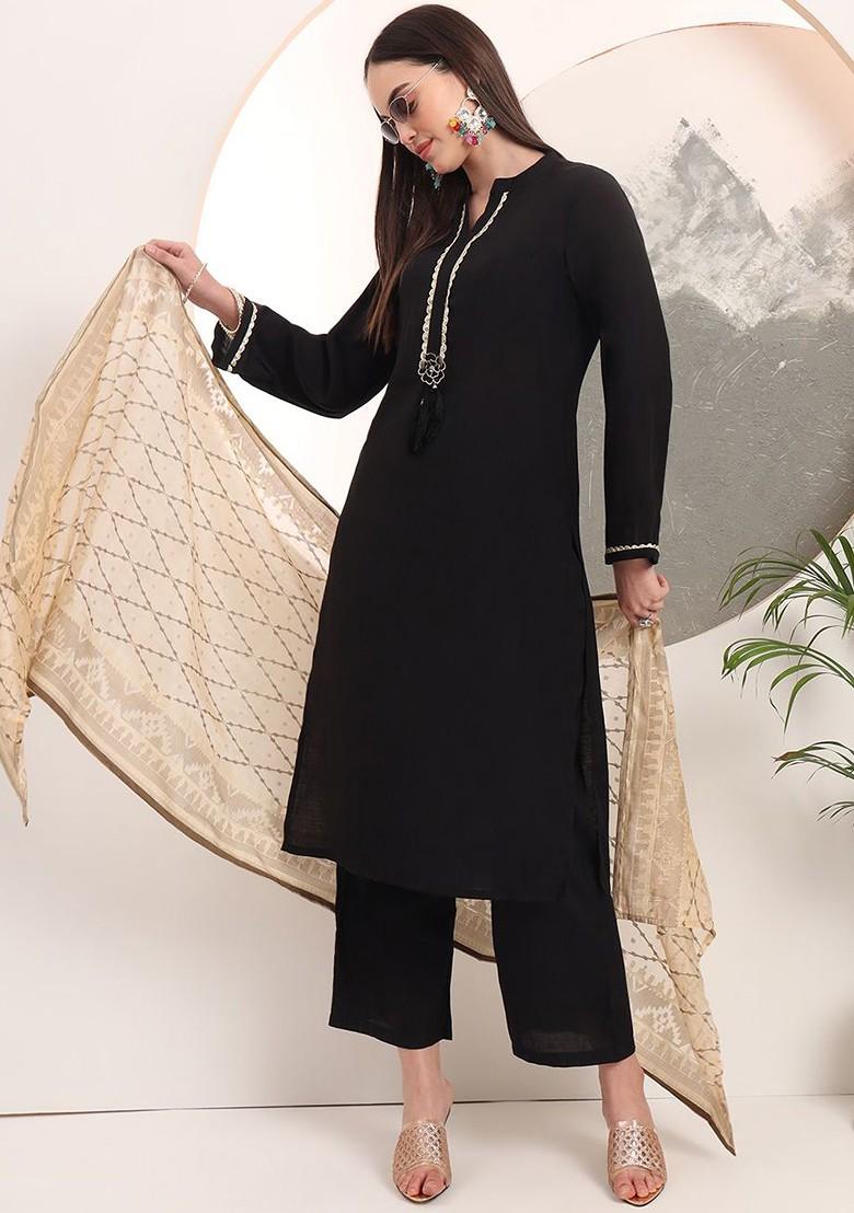Black Solid Poly Blend Kurta Set