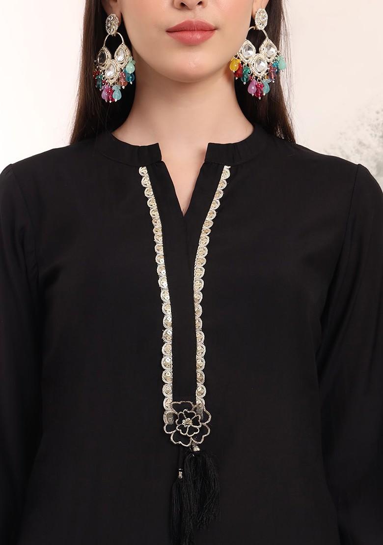 Black Solid Poly Blend Kurta Set