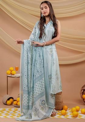 Blue Embroidered Cotton Kurta Set