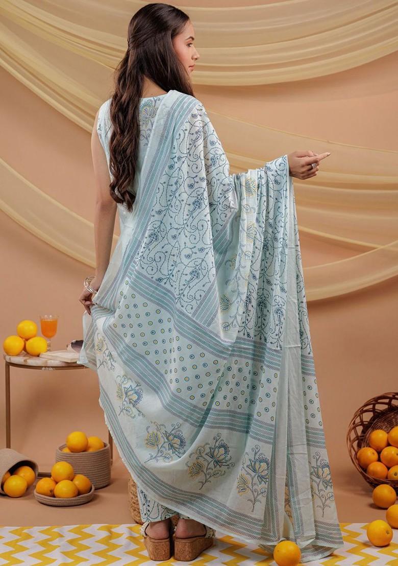 Blue Embroidered Cotton Kurta Set