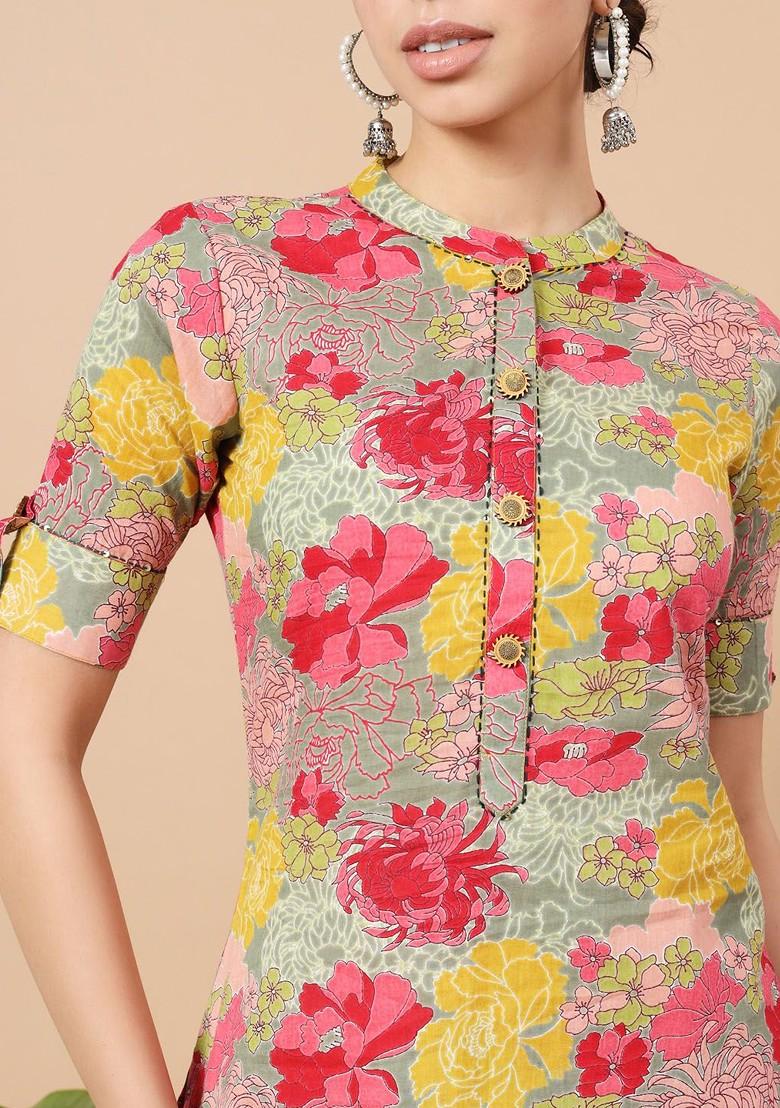 Sea Green Floral Print Cotton Fusion Set