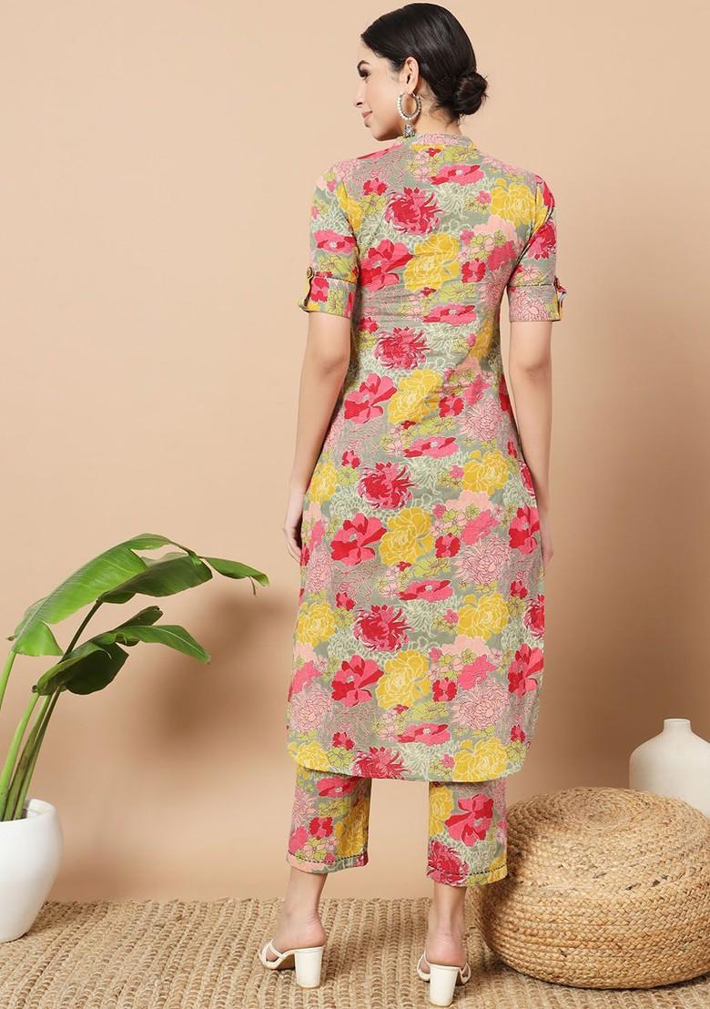 Sea Green Floral Print Cotton Fusion Set