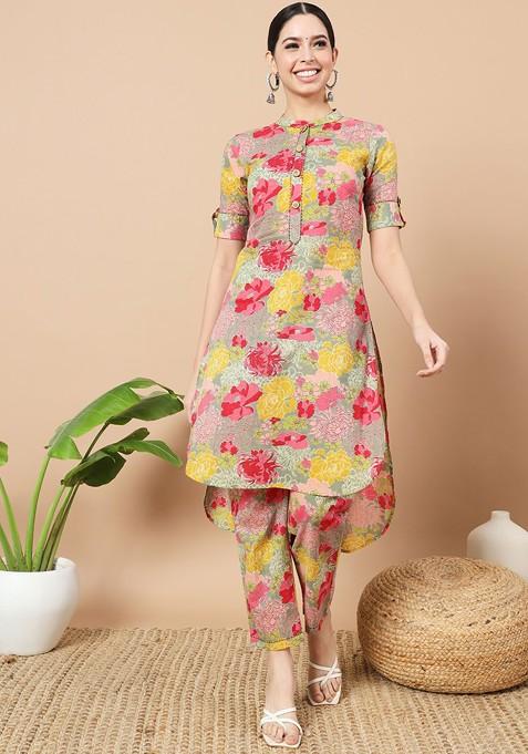 Sea Green Floral Print Cotton Fusion Set