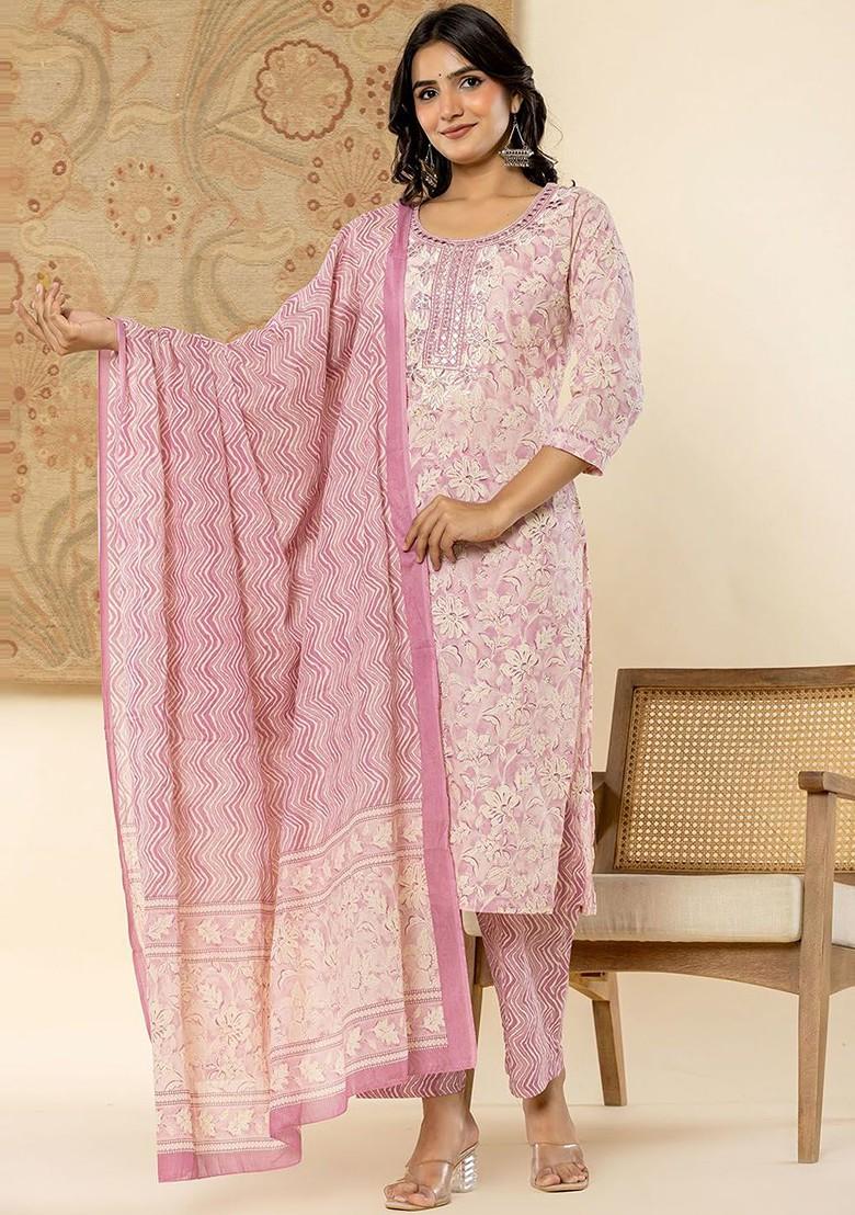 Lavender Floral Print Cotton Kurta Set