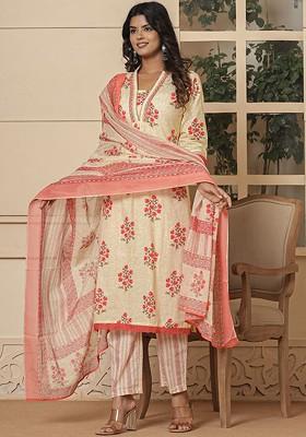 Peach Embroidered Cotton Kurta Set