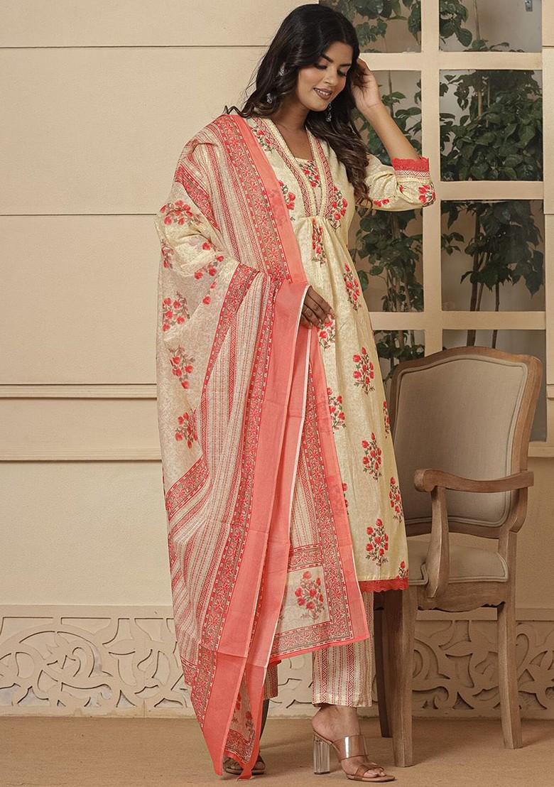 Peach Embroidered Cotton Kurta Set