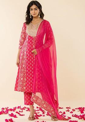 Pink Floral Print Cotton Kurta Set