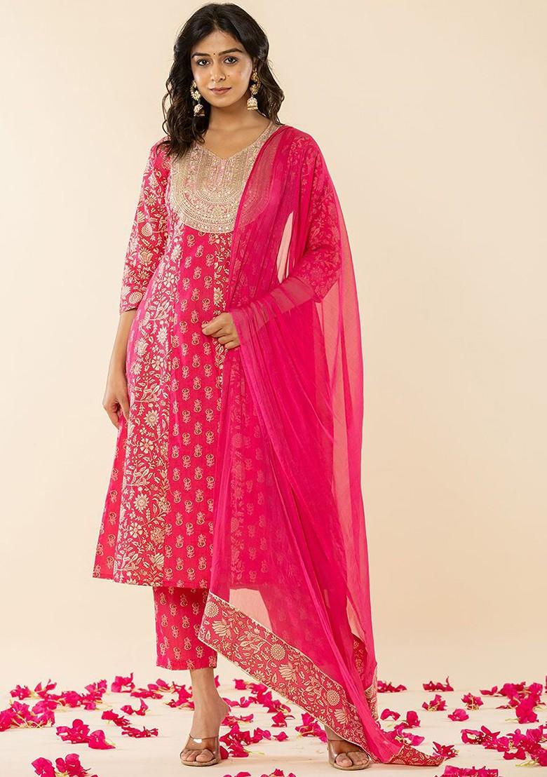 Pink Floral Print Cotton Kurta Set