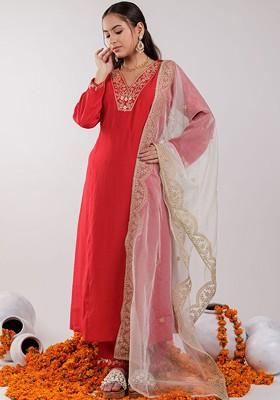 Red Embroidered Poly Blend Kurta Set