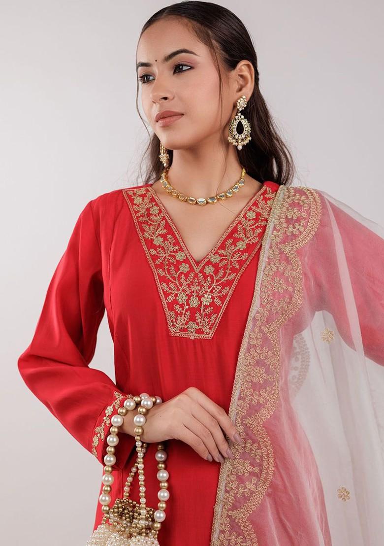 Red Embroidered Poly Blend Kurta Set