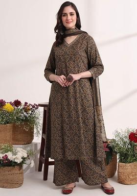 Brown Embroidered Cotton Kurta Set