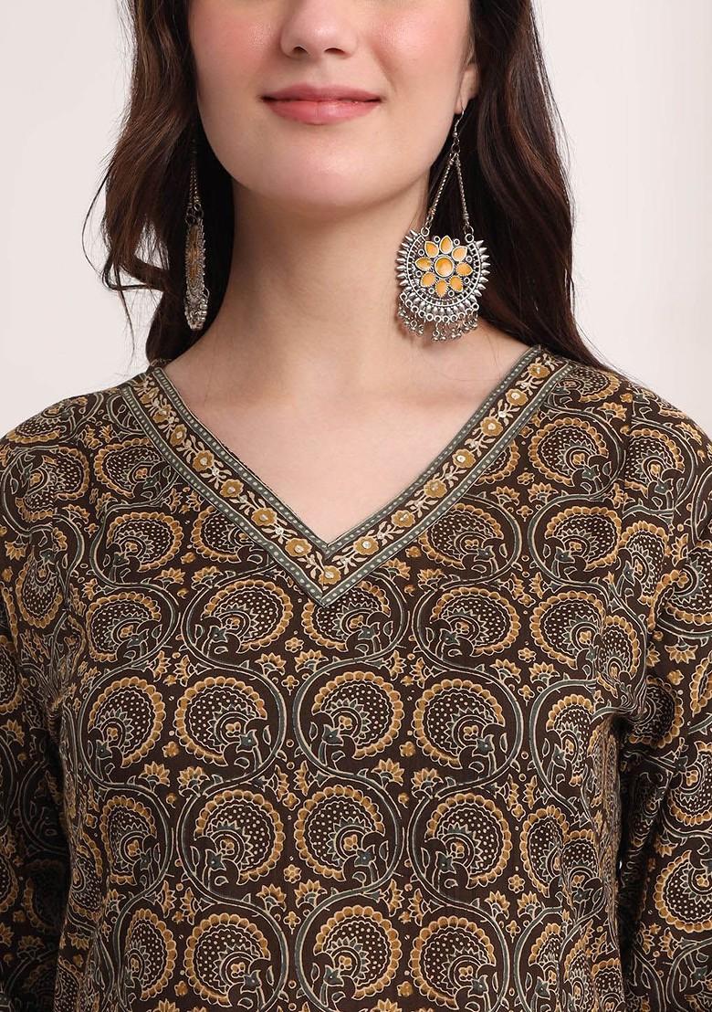 Brown Embroidered Cotton Kurta Set