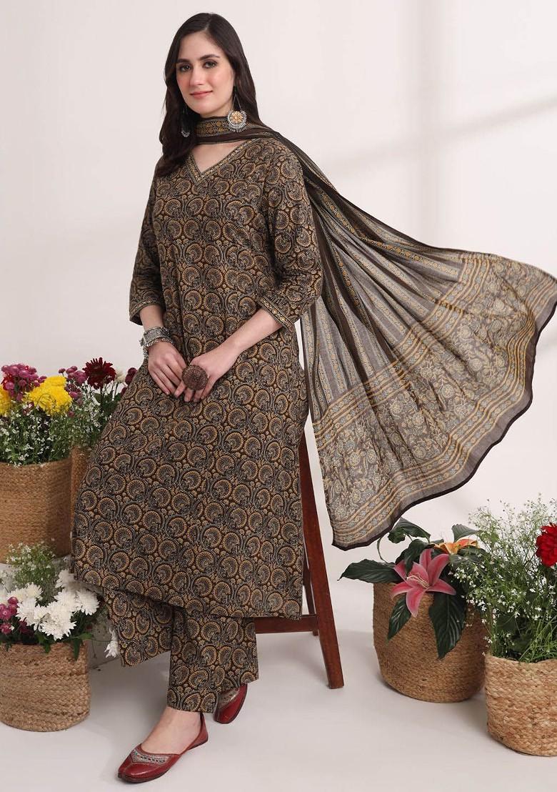 Brown Embroidered Cotton Kurta Set