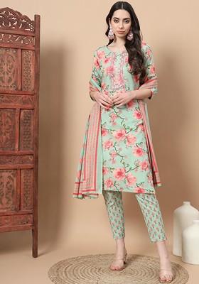 Sea Green Floral Print Cotton Kurta Set
