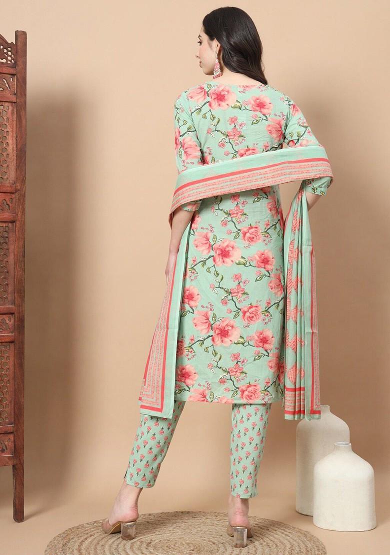 Sea Green Floral Print Cotton Kurta Set
