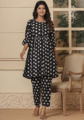 Black Polka Dot Poly Blend Kurta Set