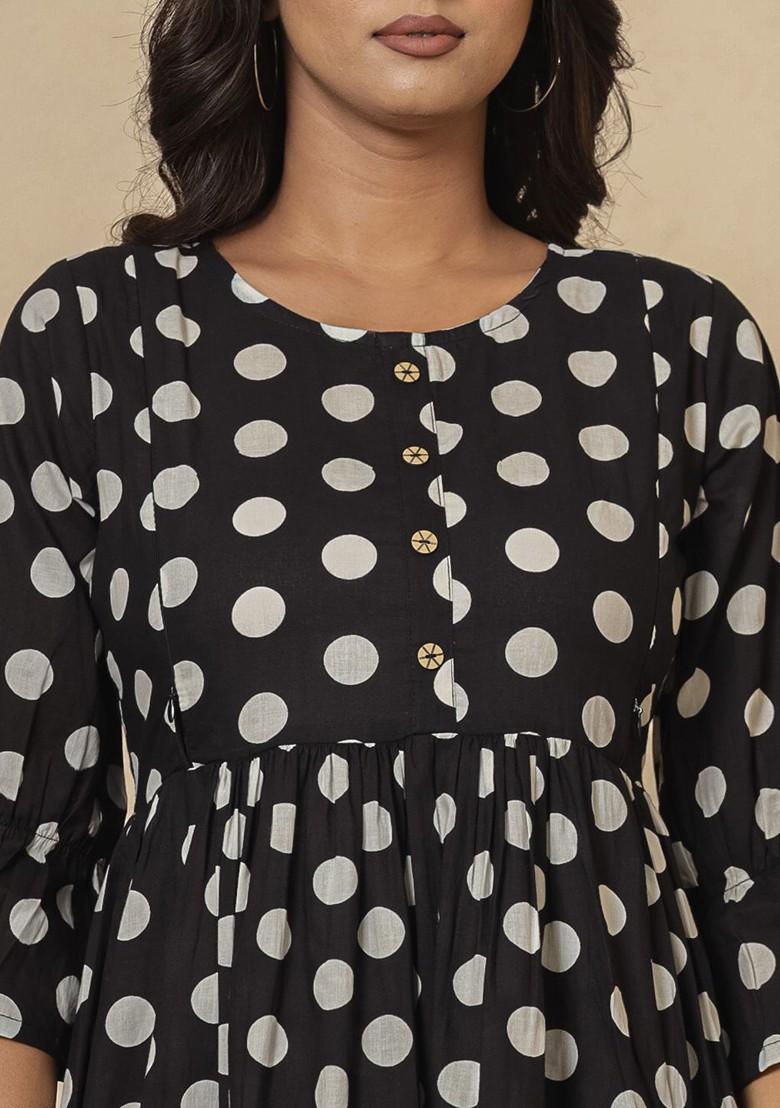 Black Polka Dot Poly Blend Kurta Set