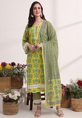 Lime Green Floral Print Cotton Kurta Set