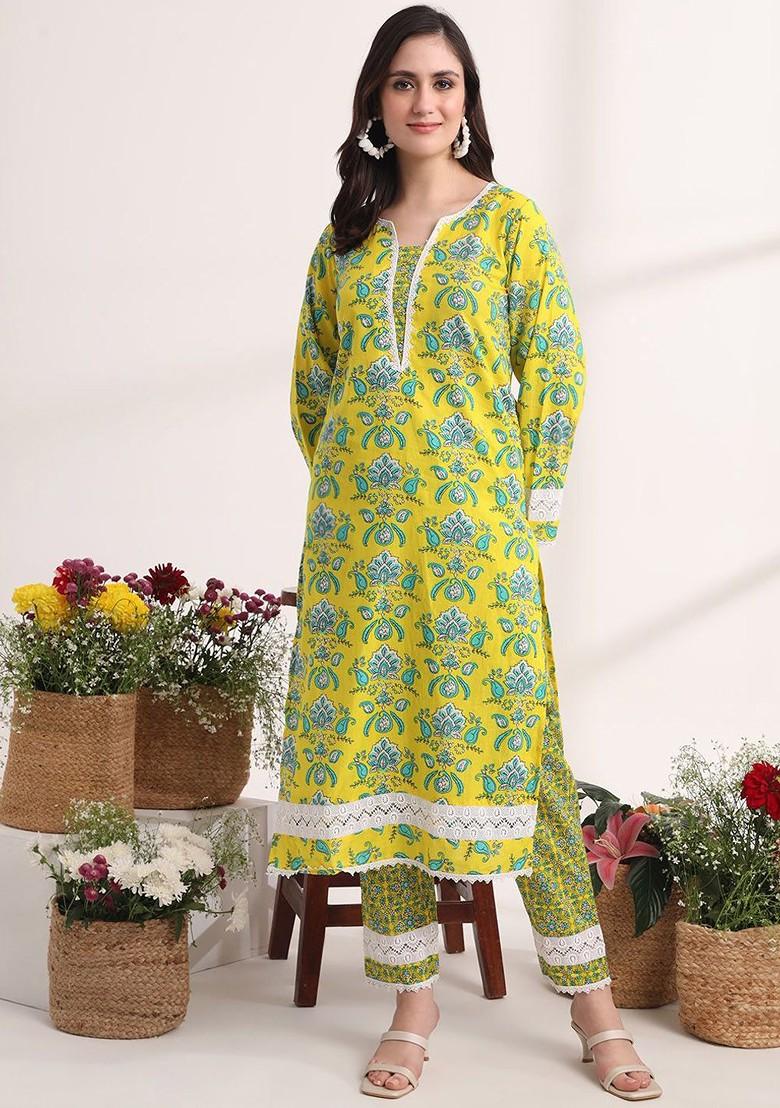 Lime Green Floral Print Cotton Kurta Set