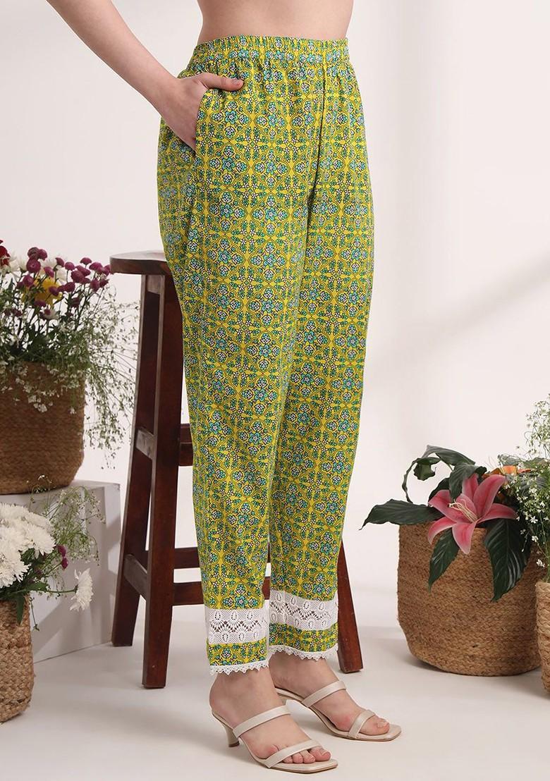 Lime Green Floral Print Cotton Kurta Set