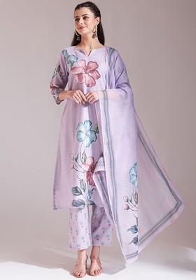 Lavender Embroidered Poly Blend Kurta Set