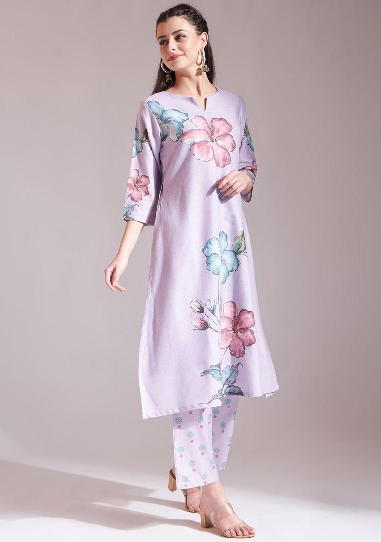 Lavender Embroidered Poly Blend Kurta Set