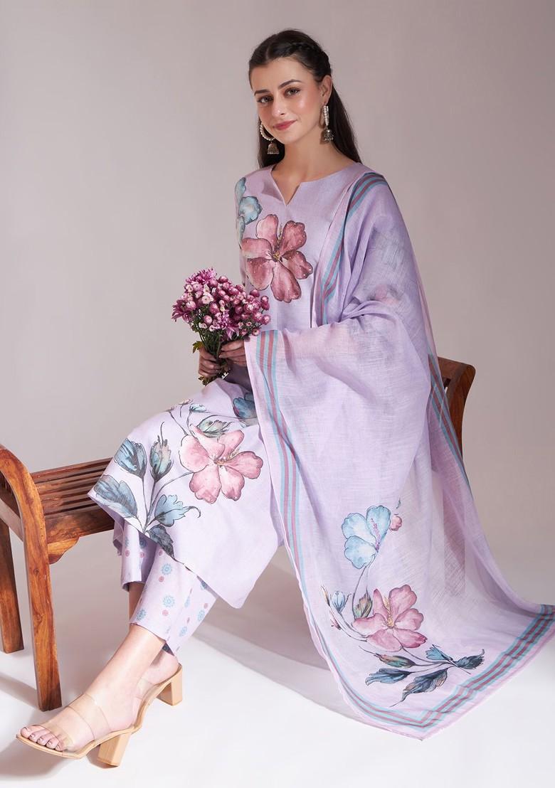 Lavender Embroidered Poly Blend Kurta Set