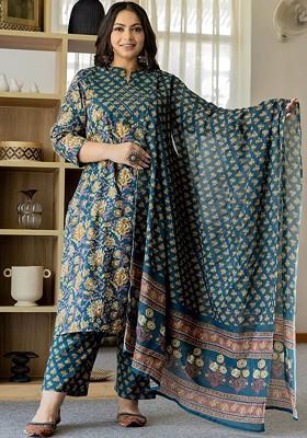 Teal Floral Print Cotton Kurta Set