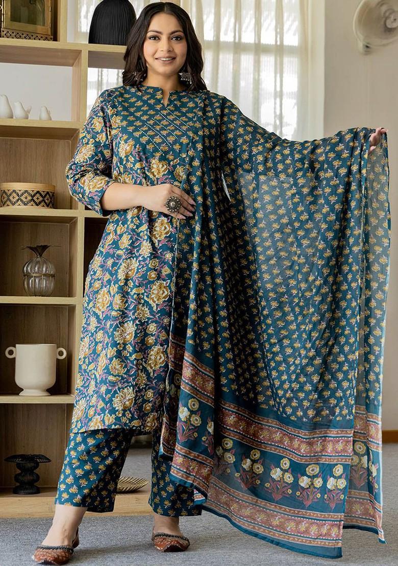 Teal Floral Print Cotton Kurta Set