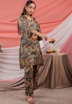 Grey Floral Print Cotton Fusion Set