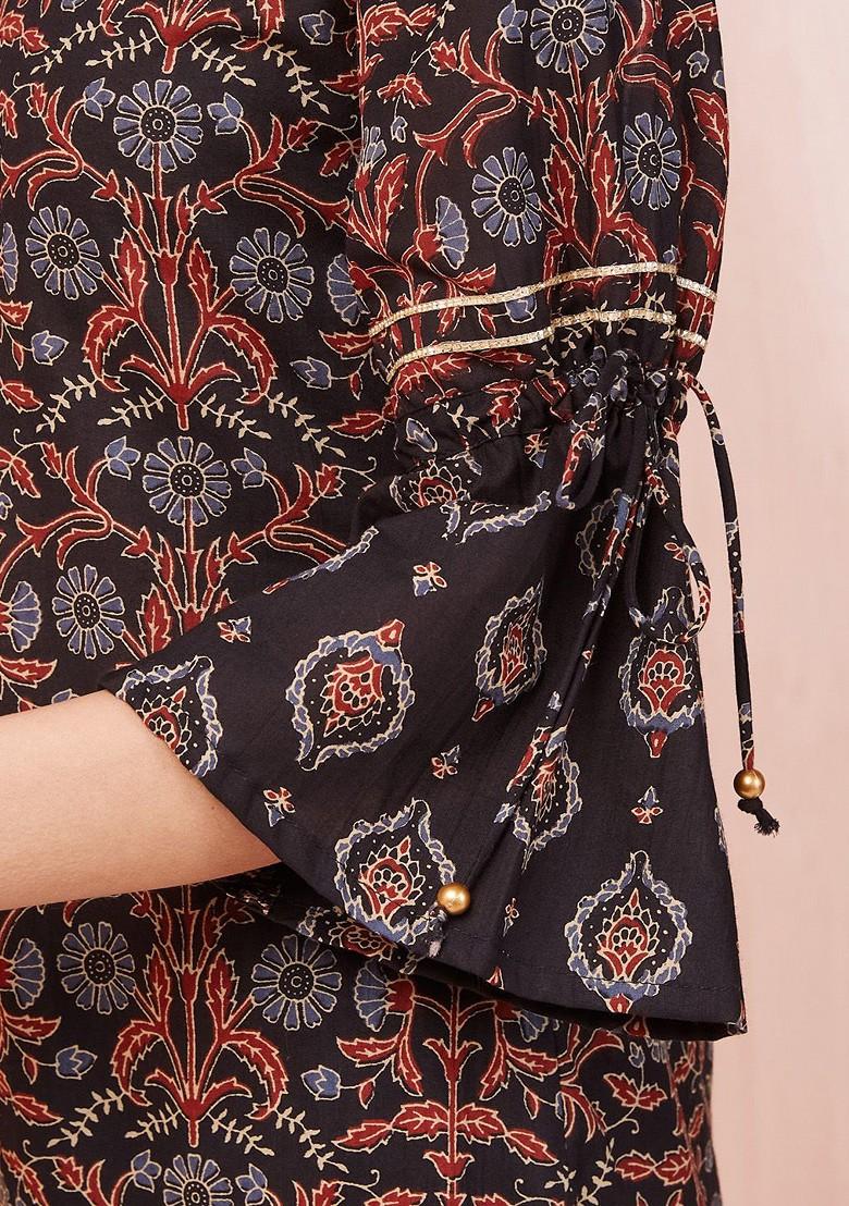 Black Printed Cotton Kurta Set