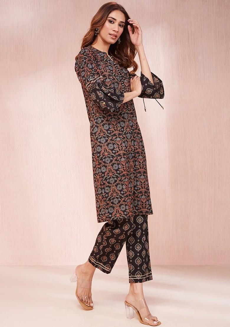 Black Printed Cotton Kurta Set