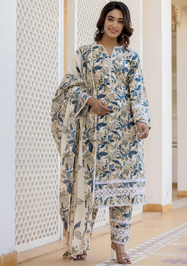 Beige Floral Print Cotton Kurta Set