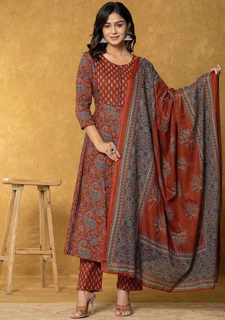 Rust Printed Cotton A Line Kurta Set - Indya