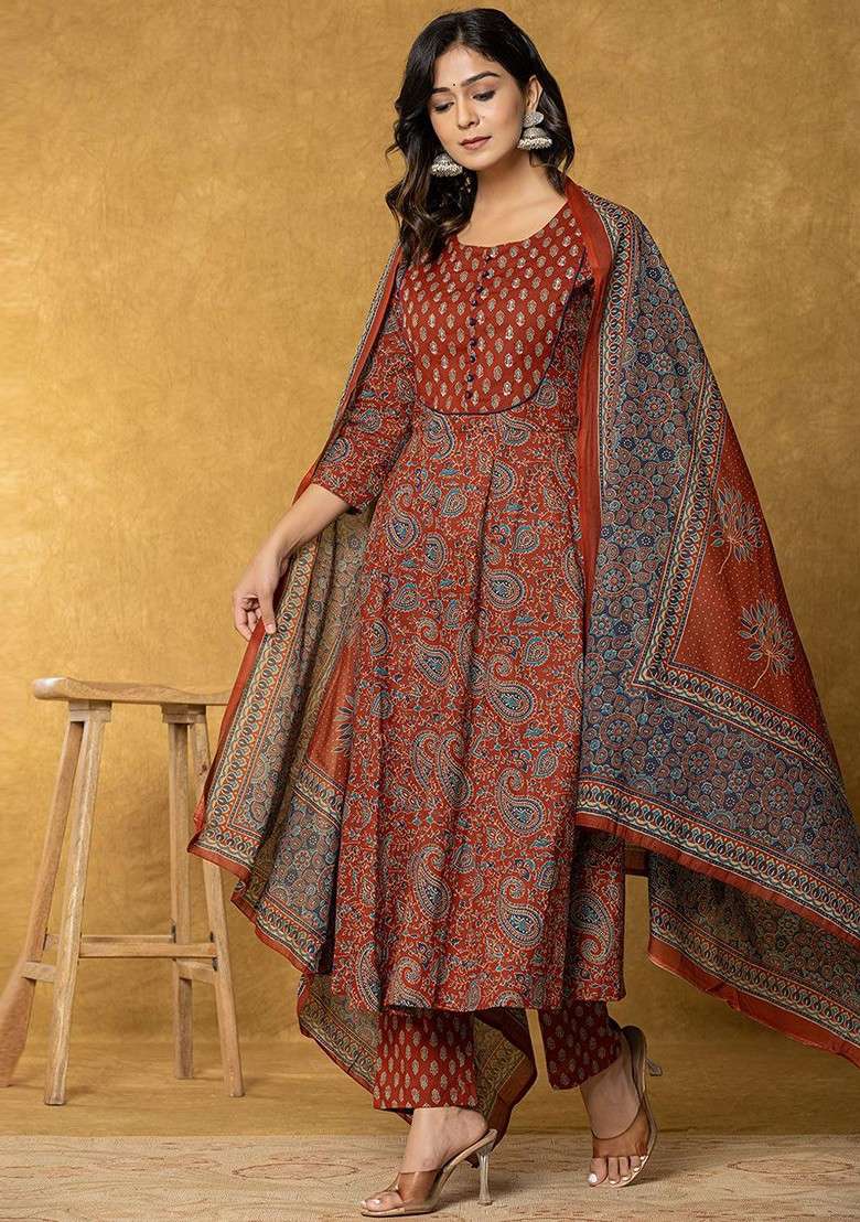 Rust Printed Cotton A Line Kurta Set - Indya