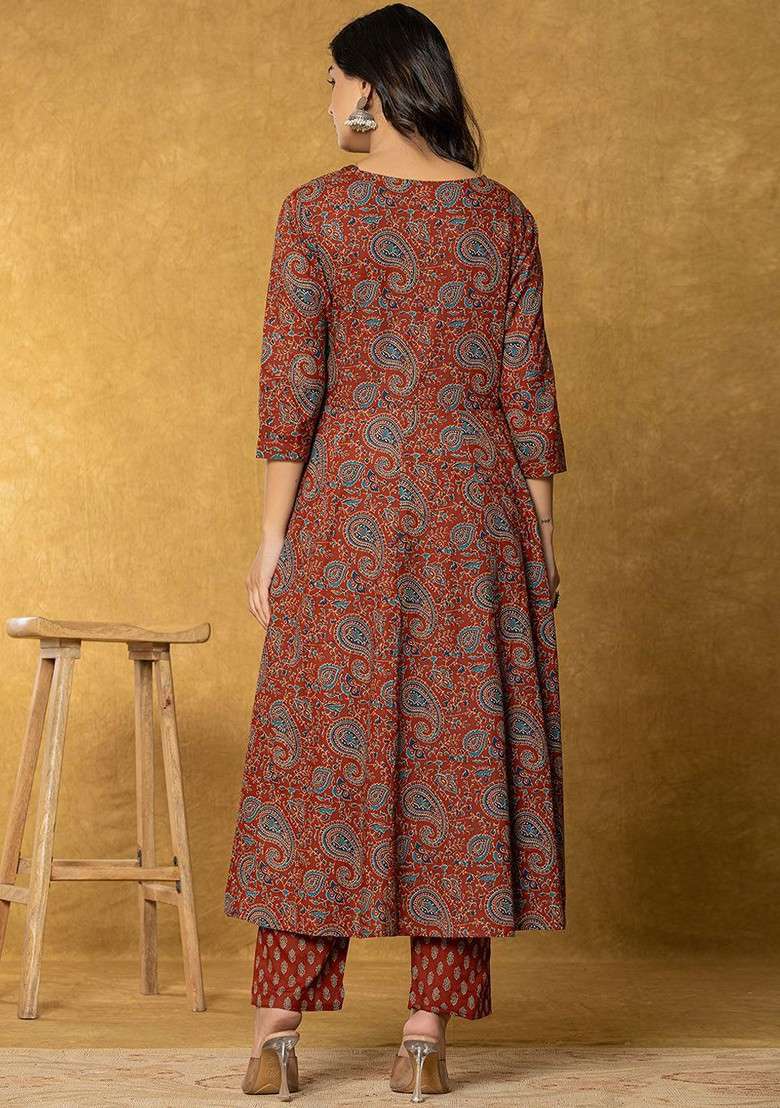 Rust Printed Cotton A Line Kurta Set - Indya