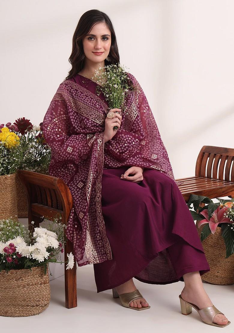 Purple Solid Poly Blend Kurta Set