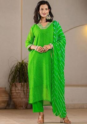 Green Leheriya Print Poly Blend Kurta Set