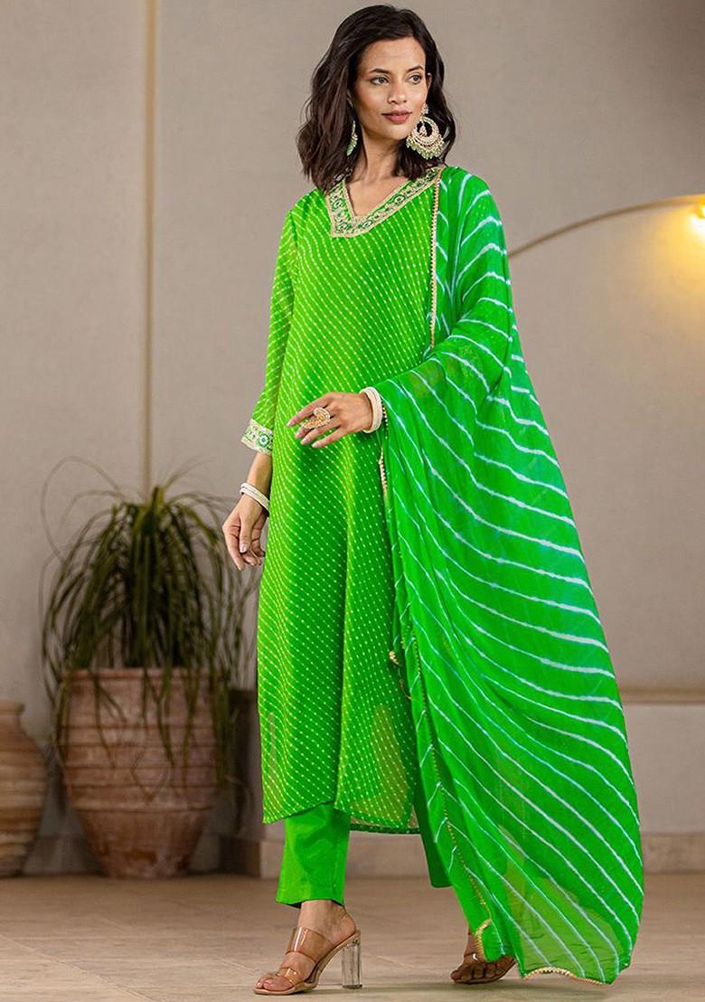 Green Leheriya Print Poly Blend Kurta Set