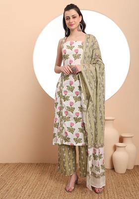 White Floral Print Cotton Kurta Set