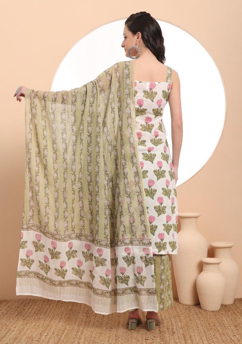 White Floral Print Cotton Kurta Set