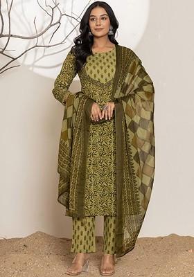 Green Floral Print Cotton Kurta Set