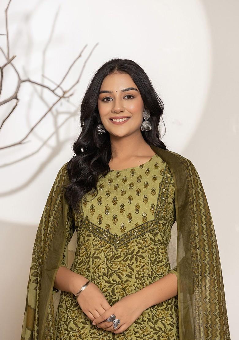 Green Floral Print Cotton Kurta Set