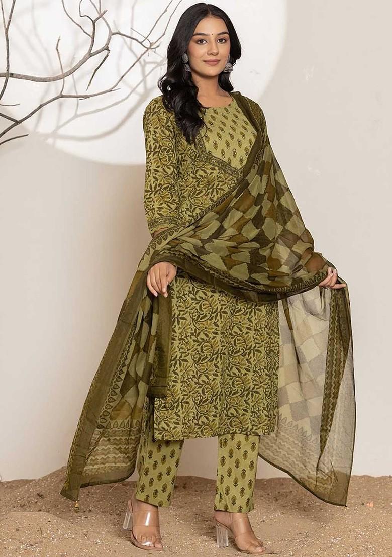 Green Floral Print Cotton Kurta Set